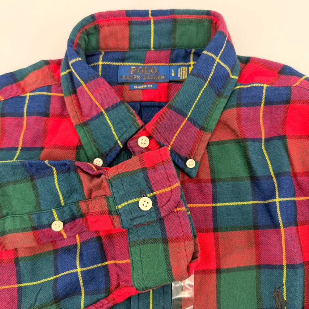 Polo Ralph Lauren Shirt Mens Large Red Green Plaid Lined Flannel Button Down